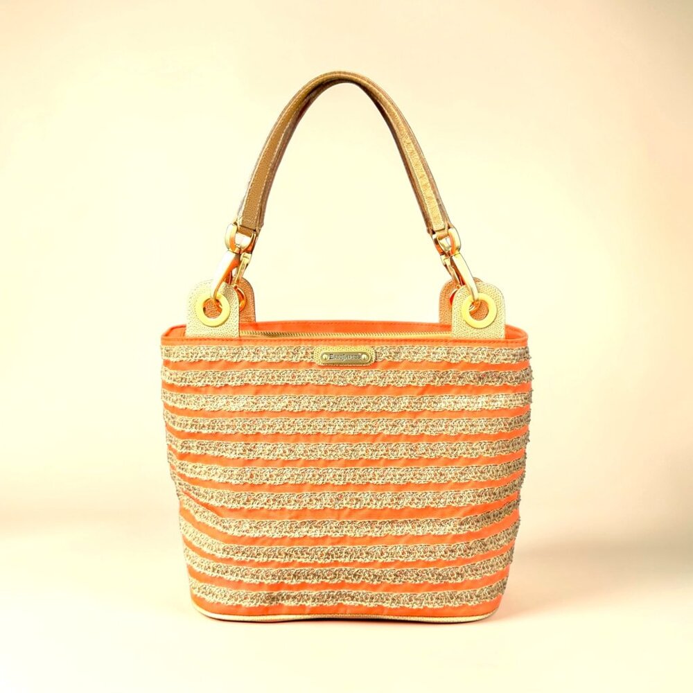 Eric Javits Canvas Very Orange w/Raffia Striped Double Handle Handbag